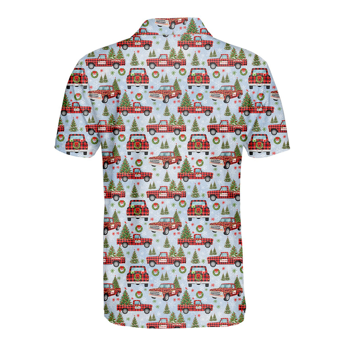 Back view of the blue christmas polo shirt with all-over vintage truck pattern