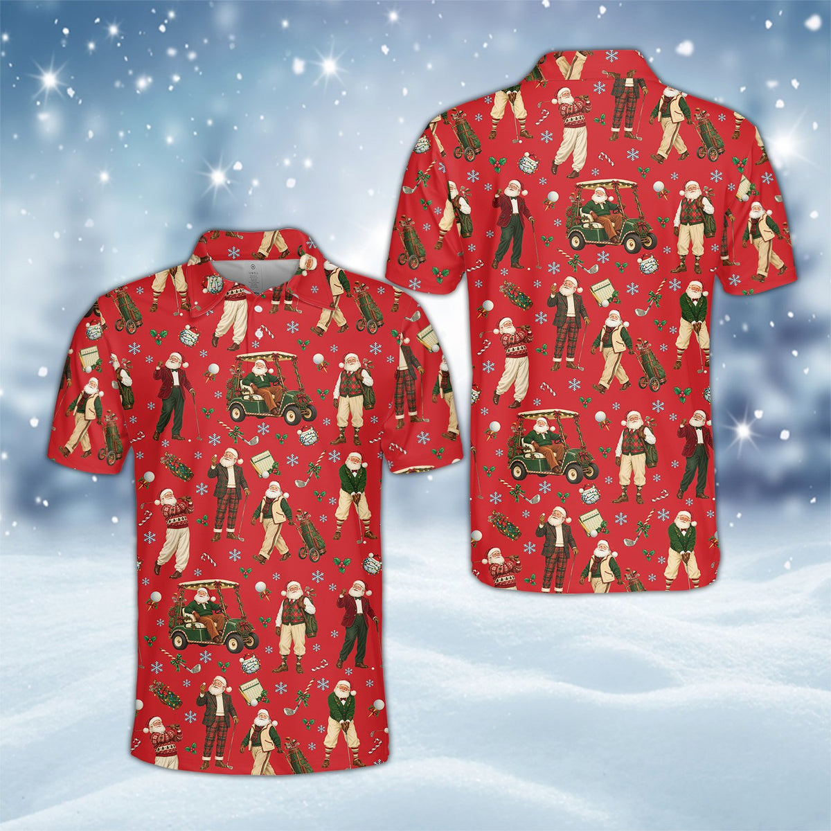 Close-up front view of the golfing Santa design on the black polo shirt