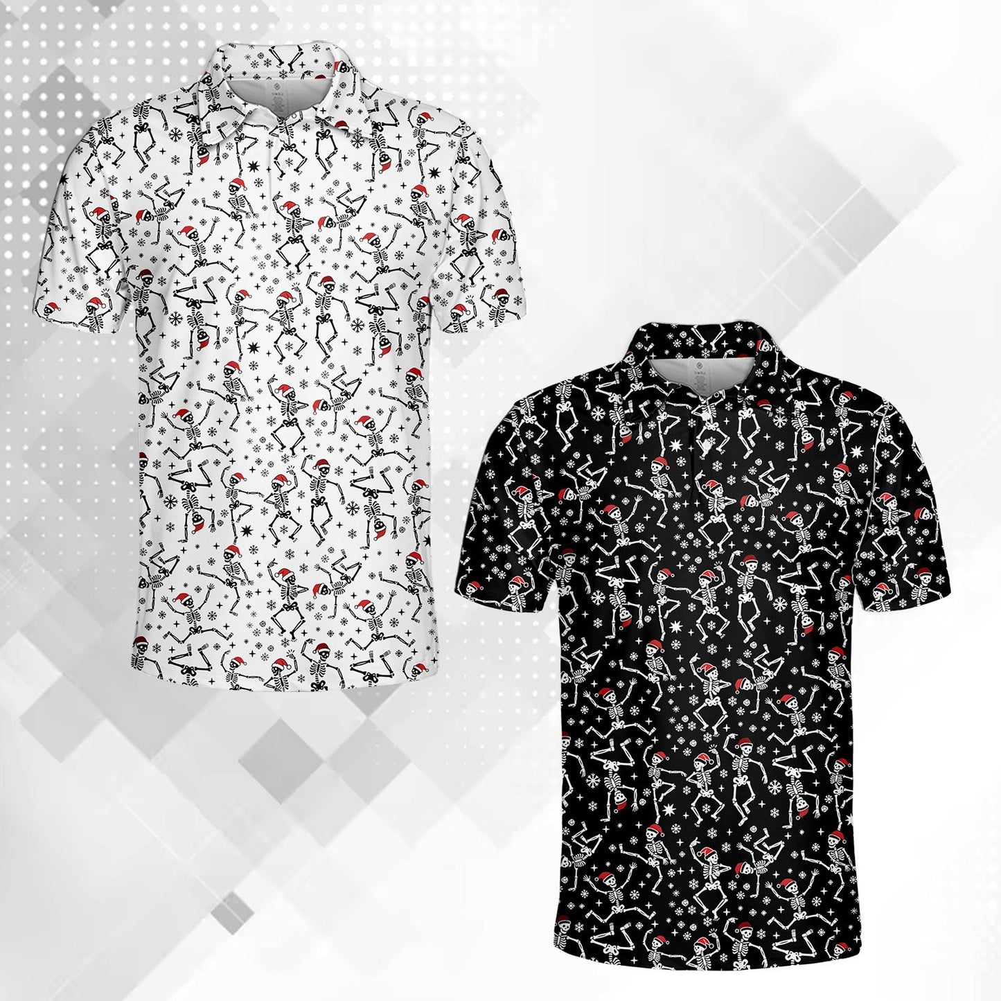 Front view of the black polo shirt featuring dancing skeletons