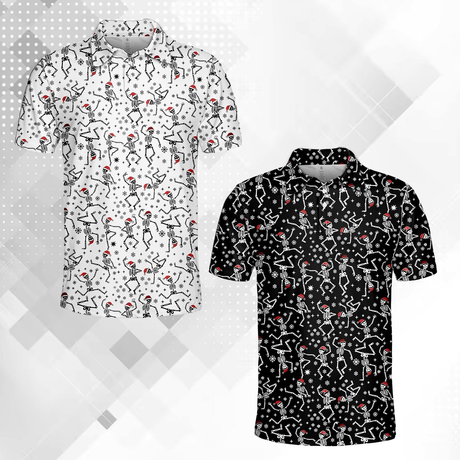 Front view of the black polo shirt featuring dancing skeletons