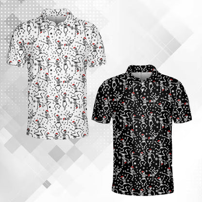 Front view of the black polo shirt featuring dancing skeletons