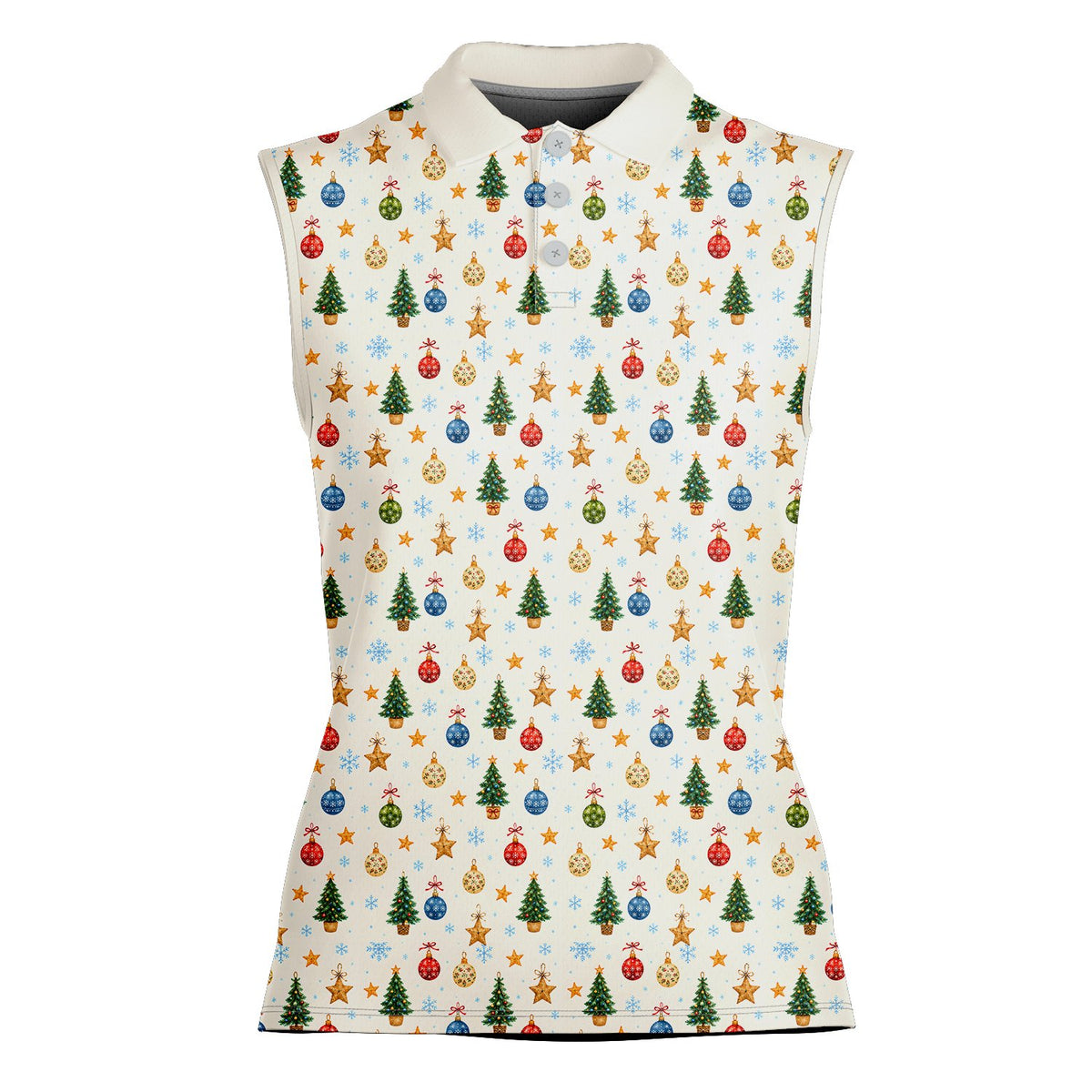 Alternative front view of the festive holiday polo shirt on a cream background