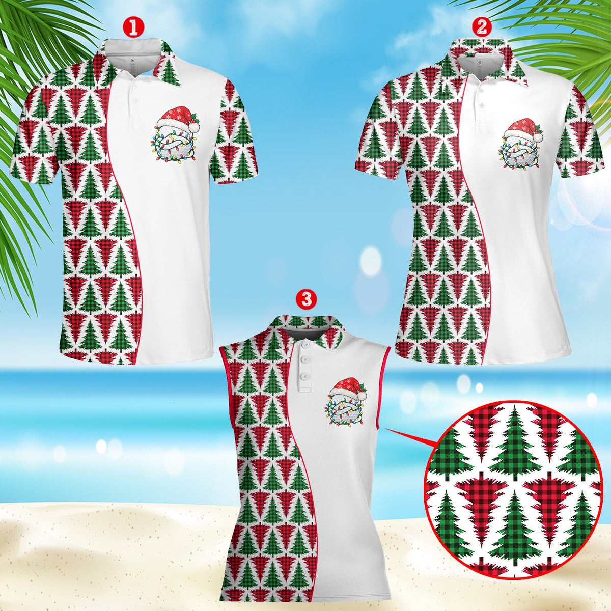 Front detail of the white, red, and green holiday polo shirt