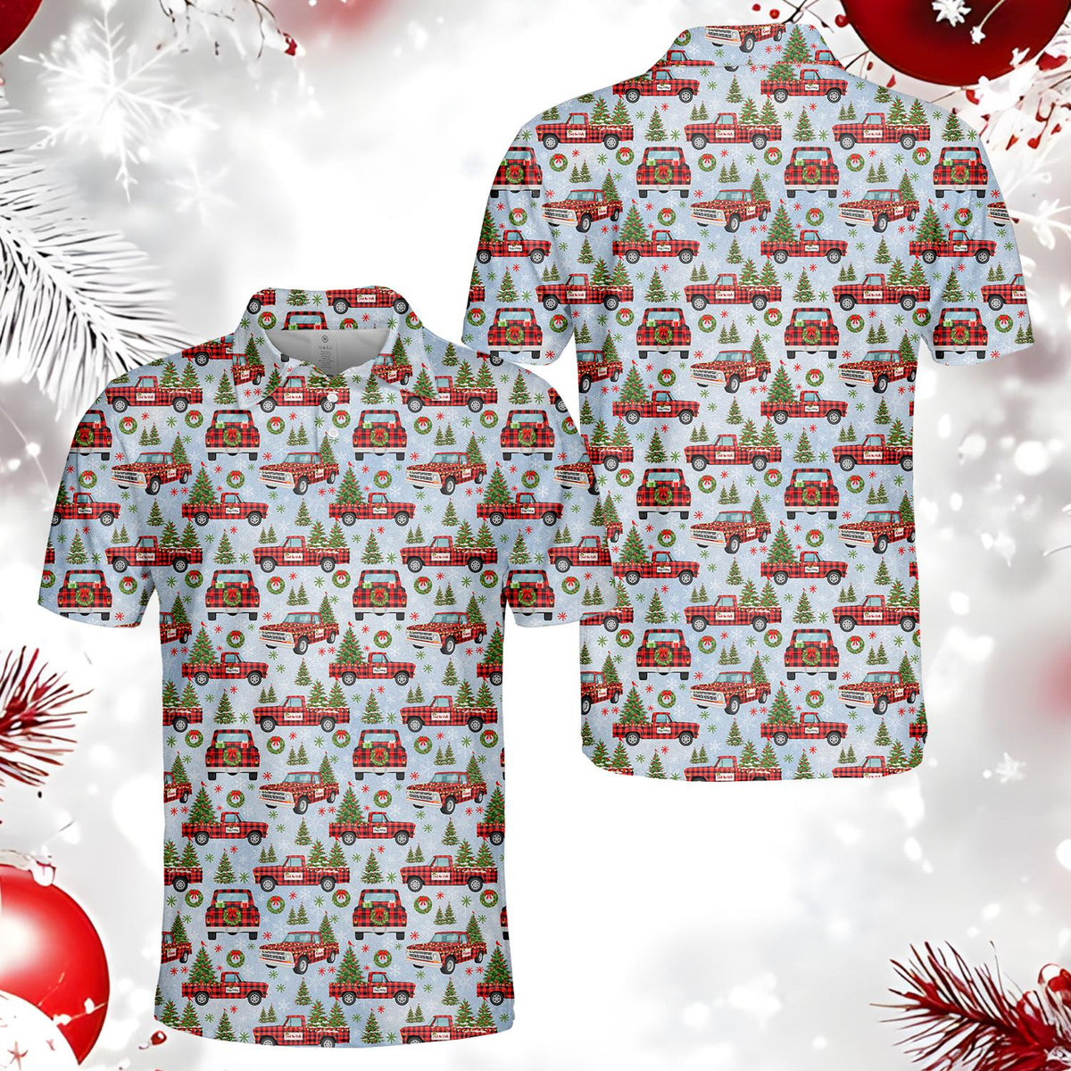 Another front view of the light blue holiday polo shirt
