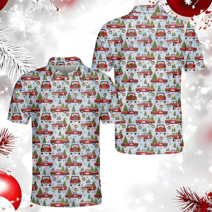 Another front view of the light blue holiday polo shirt