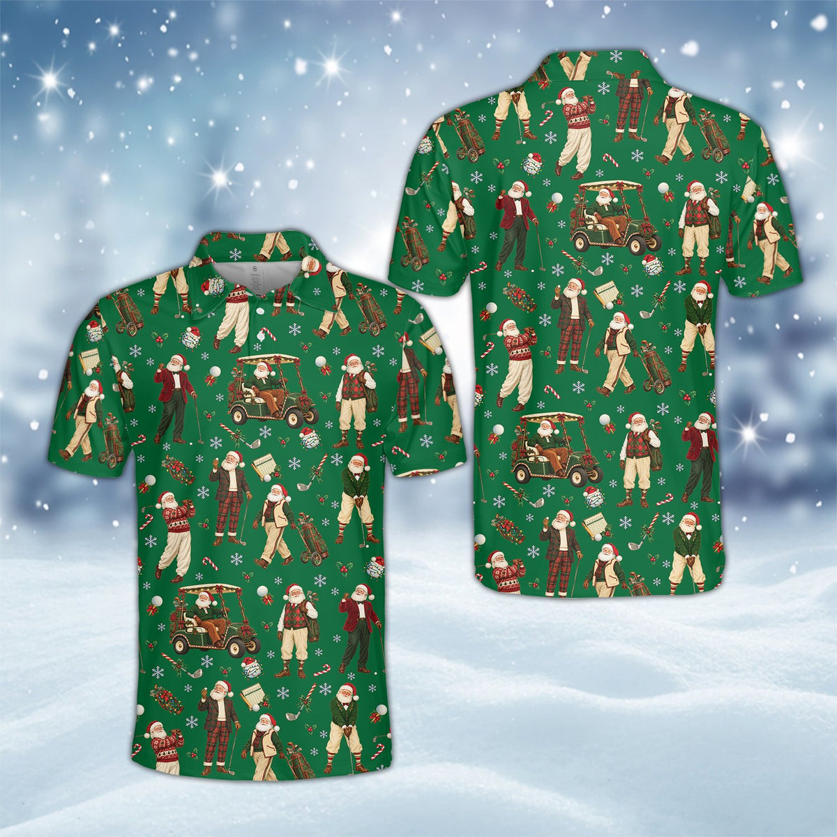 Front view of the black christmas polo shirt with golfing Santa and snowflakes