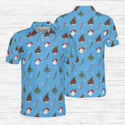 Front view of the multicolor christmas polo shirt men with golf holiday pattern
