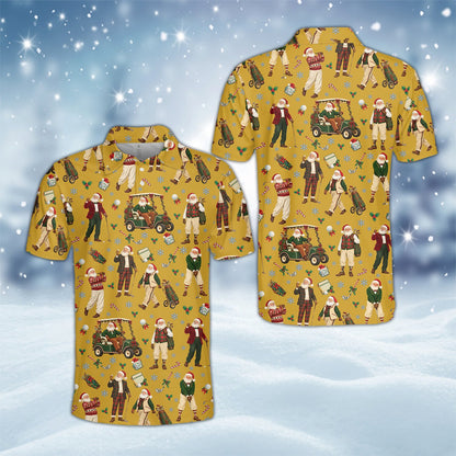 Detailed front view showing Santa swinging a golf club on the polo shirt