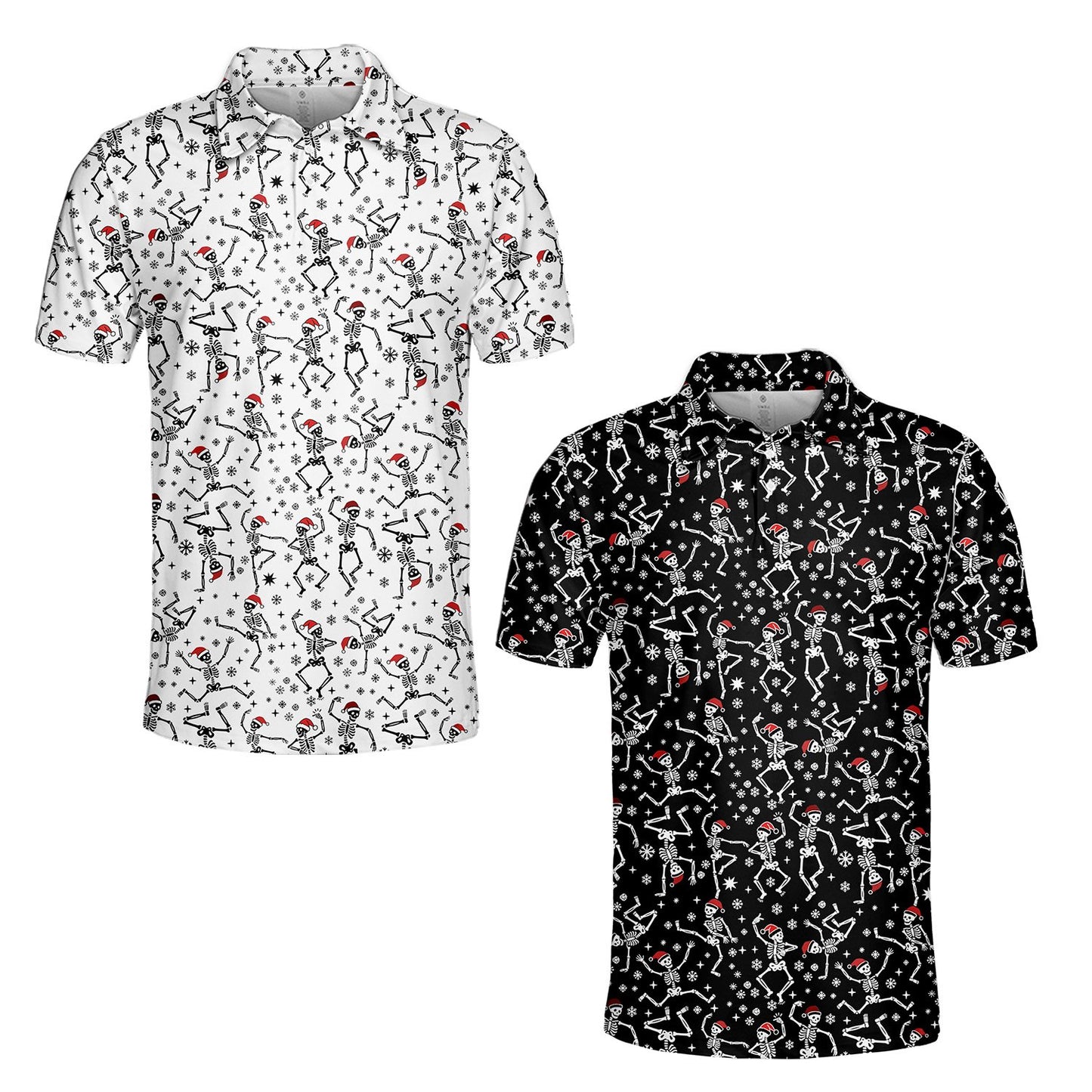 Detailed view of the skeleton and snowflake print on the polo shirt