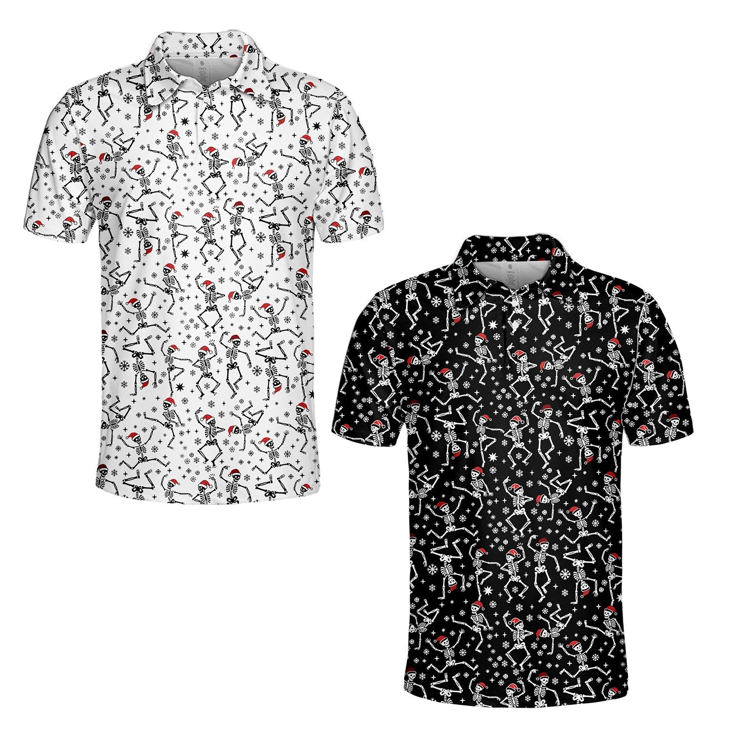 Detailed view of the skeleton and snowflake print on the polo shirt