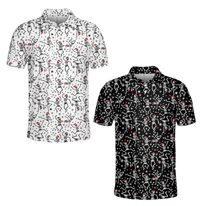 Detailed view of the skeleton and snowflake print on the polo shirt