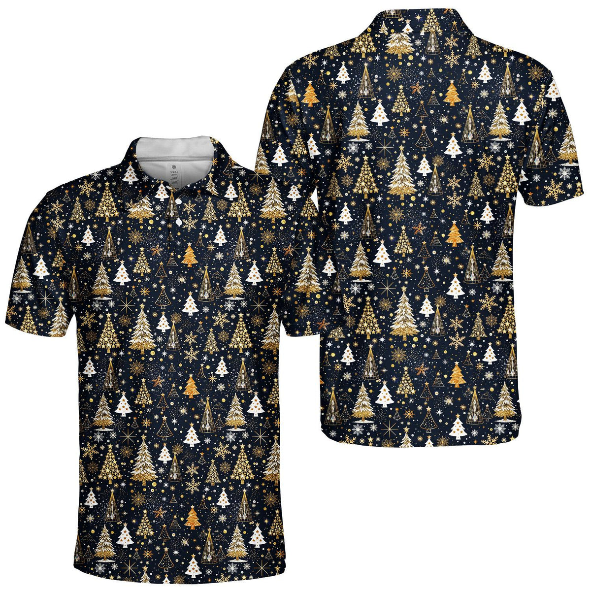 Multicolor front view showing variations of the holiday polo shirt design