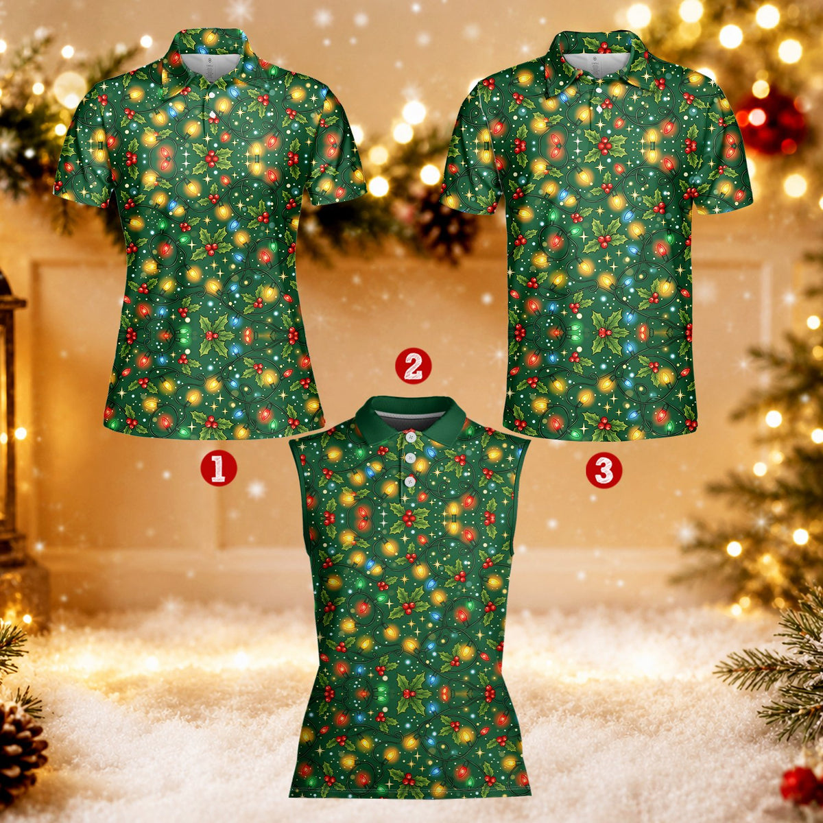 Christmas lights and berries patterned polo shirt, front view