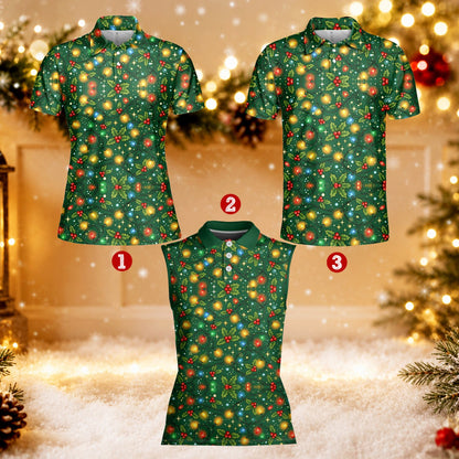 Christmas lights and berries patterned polo shirt, front view