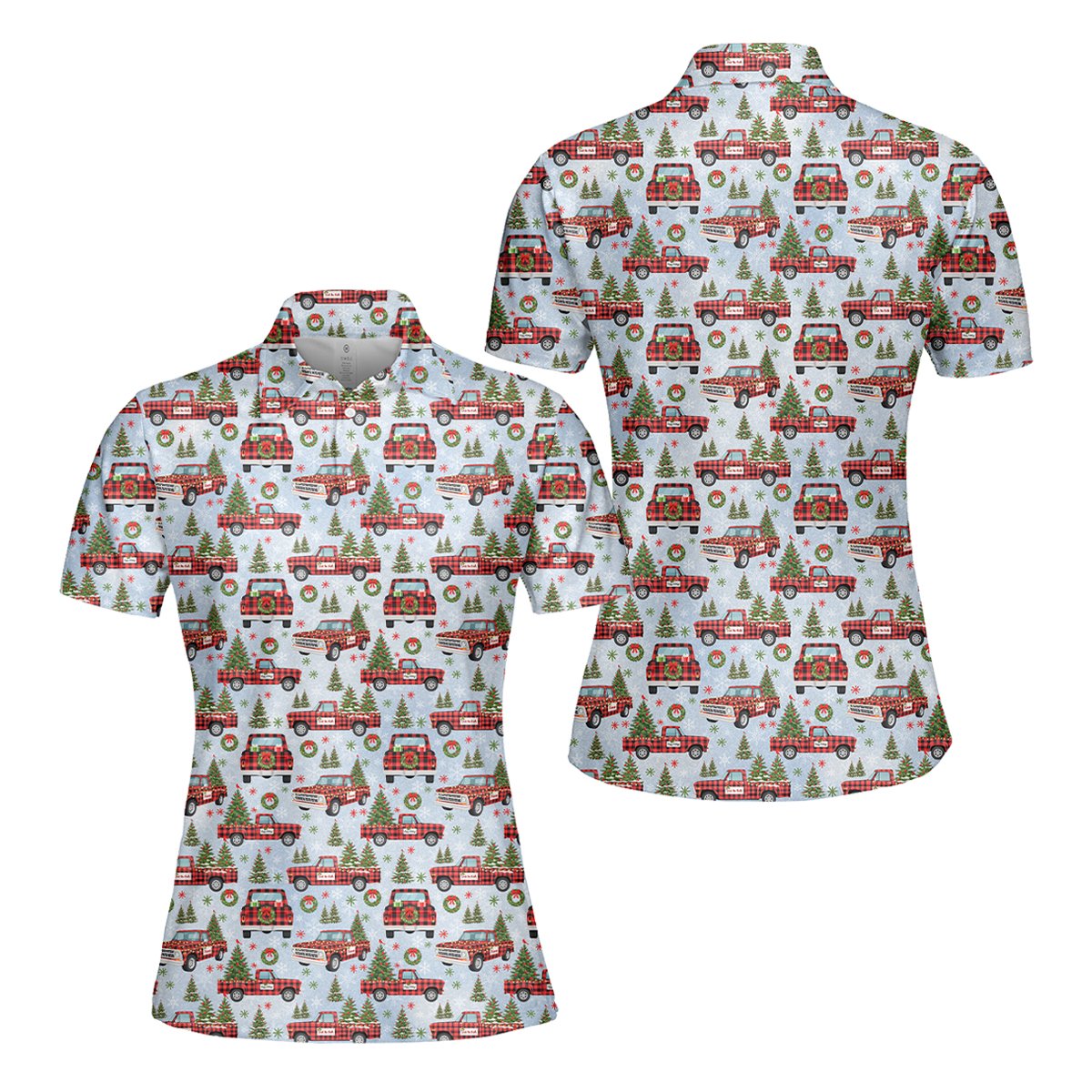 Close up front view of the vintage truck and wreath pattern on the polo shirt