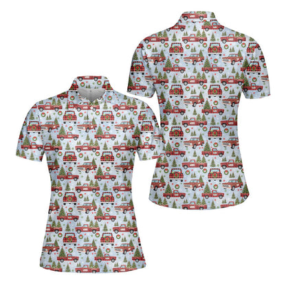 Close up front view of the vintage truck and wreath pattern on the polo shirt
