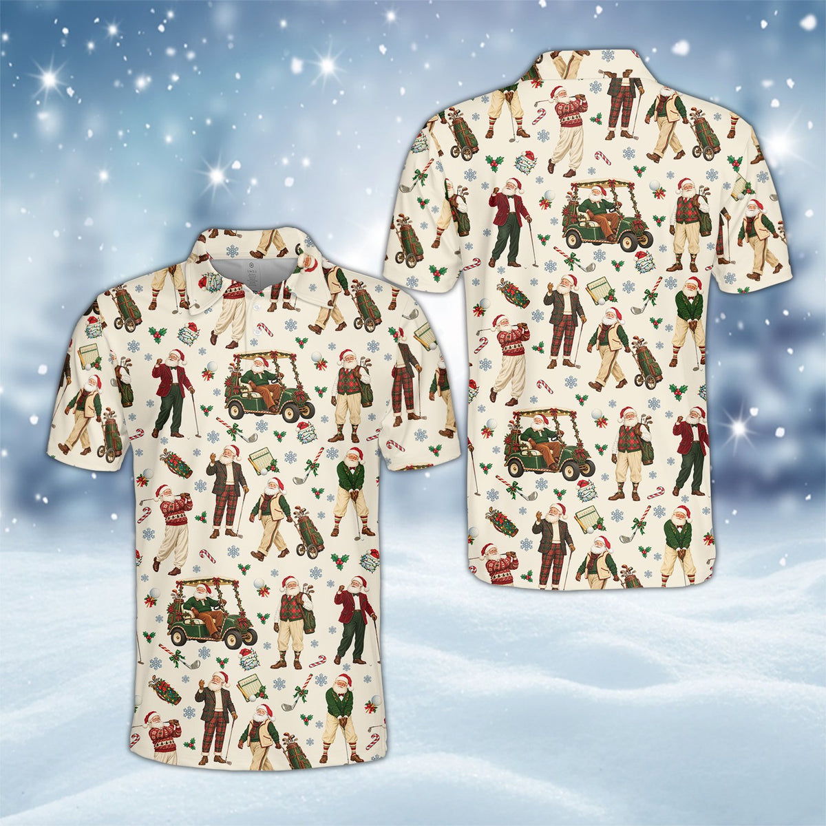 Front view highlighting the Santa riding a golf cart pattern