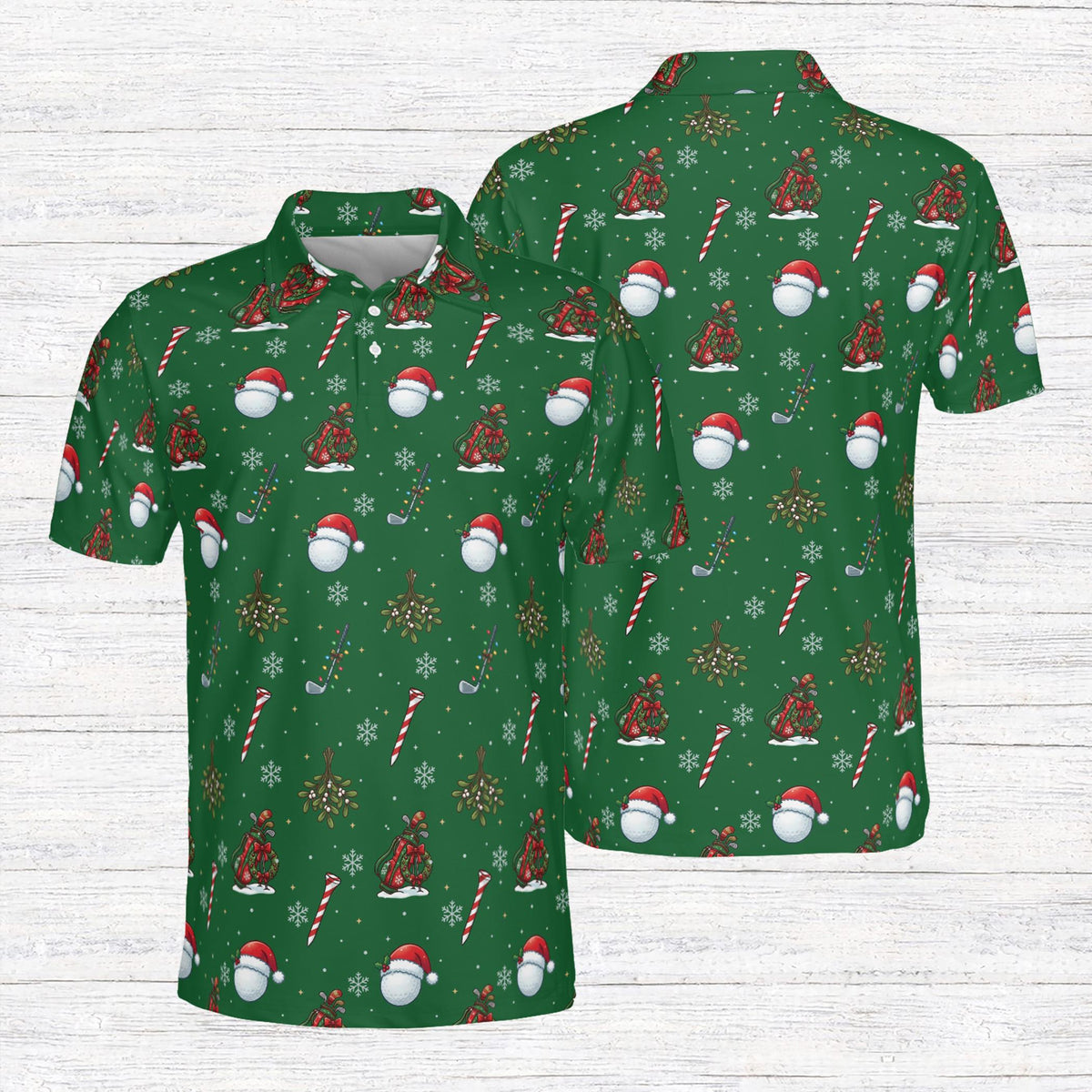 Front view of the multicolor golf holiday pattern polo shirt variant 2