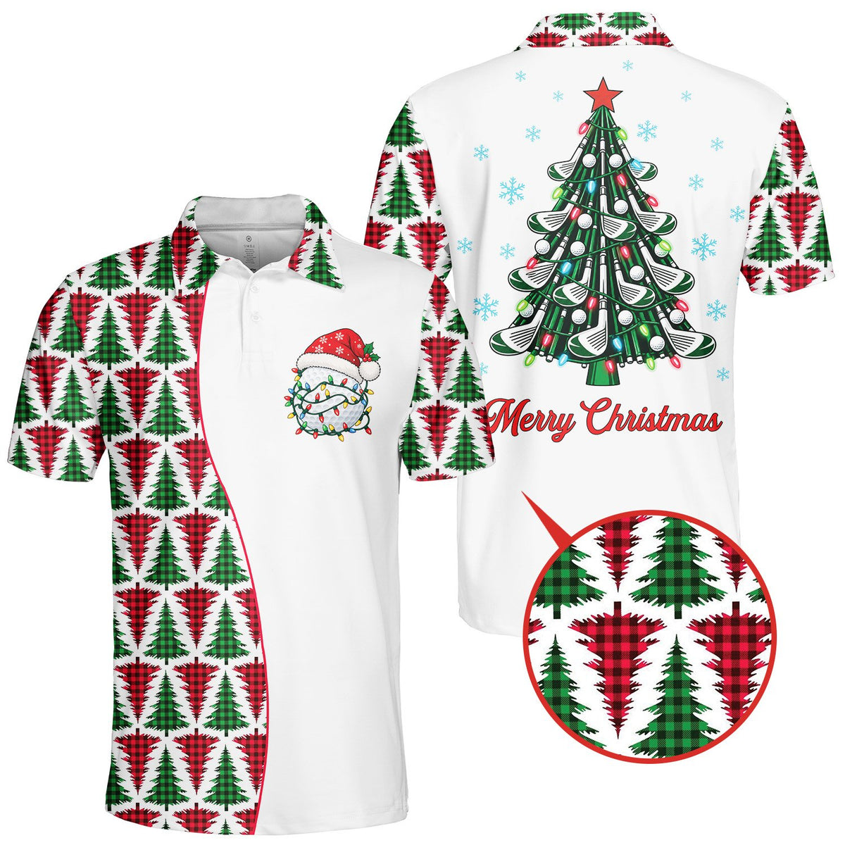 Additional front angle of the plaid Christmas tree polo shirt
