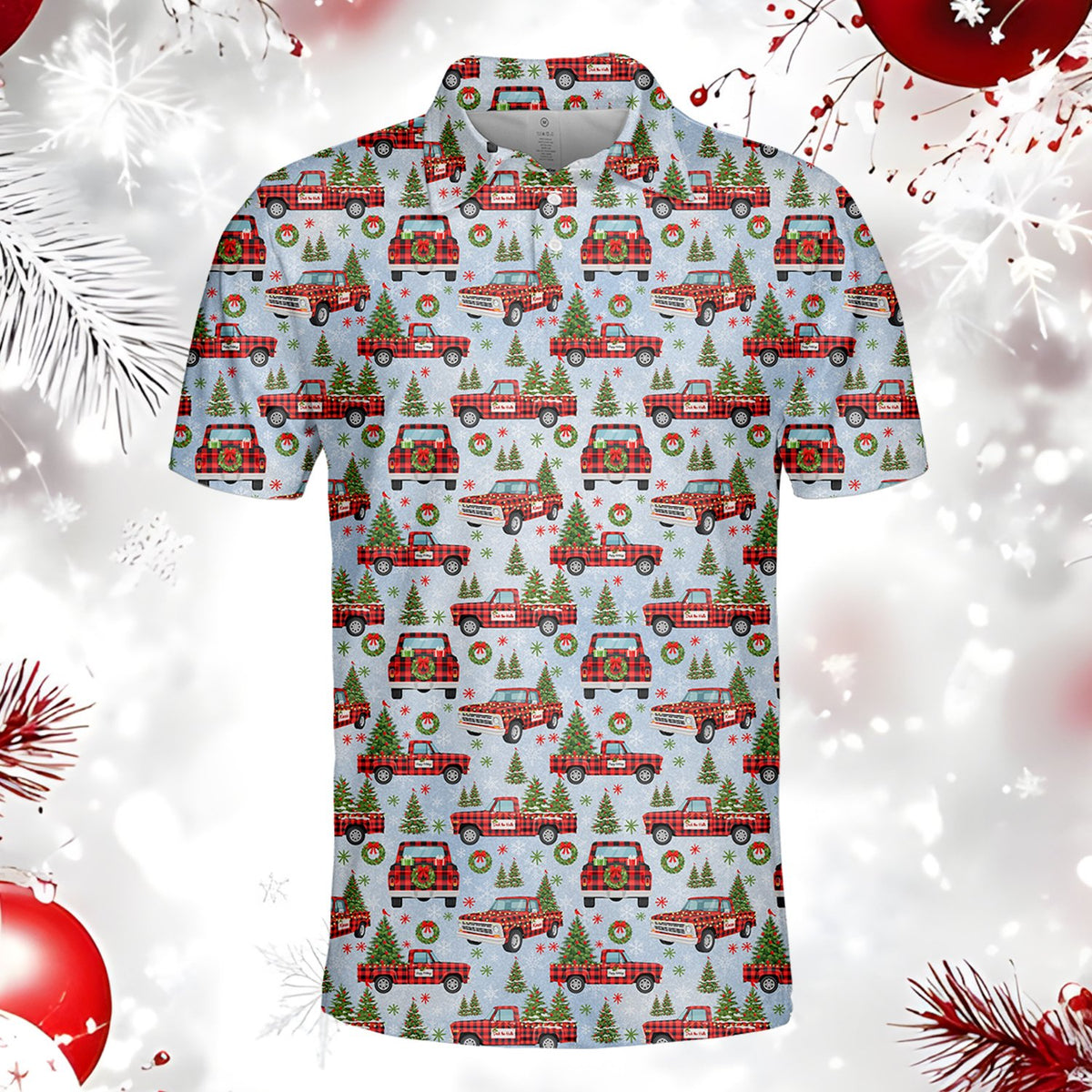 Additional front view showing the festive polo shirt design
