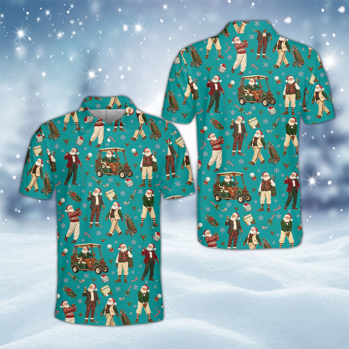 Additional front view of the festive holiday golfing polo shirt