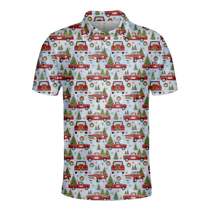 Front angle view of the blue christmas polo shirt