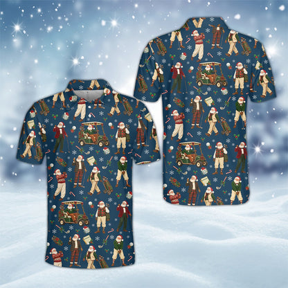 Close-up of the fabric texture and holiday print on the polo shirt