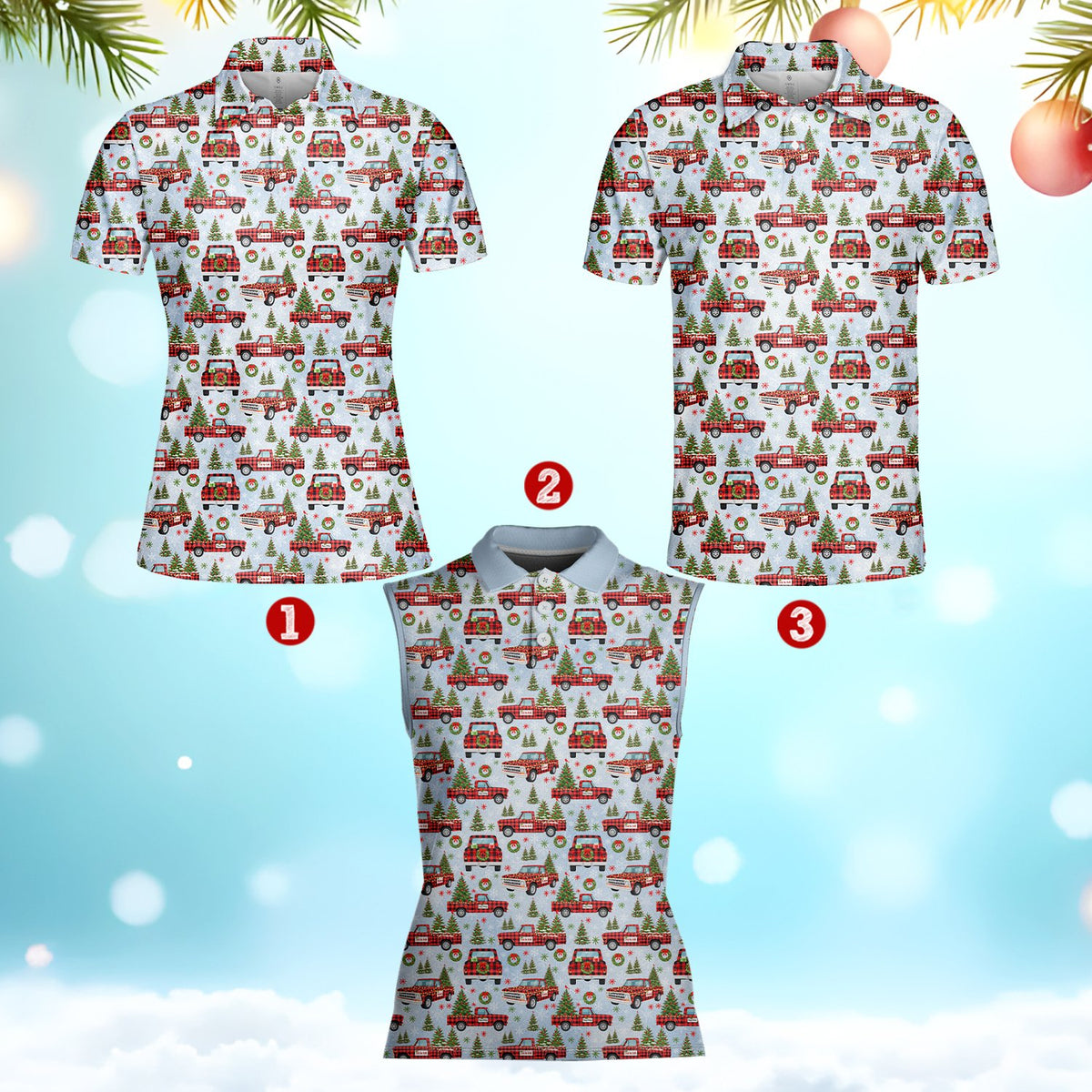 Front lifestyle view of the holiday patterned polo shirt