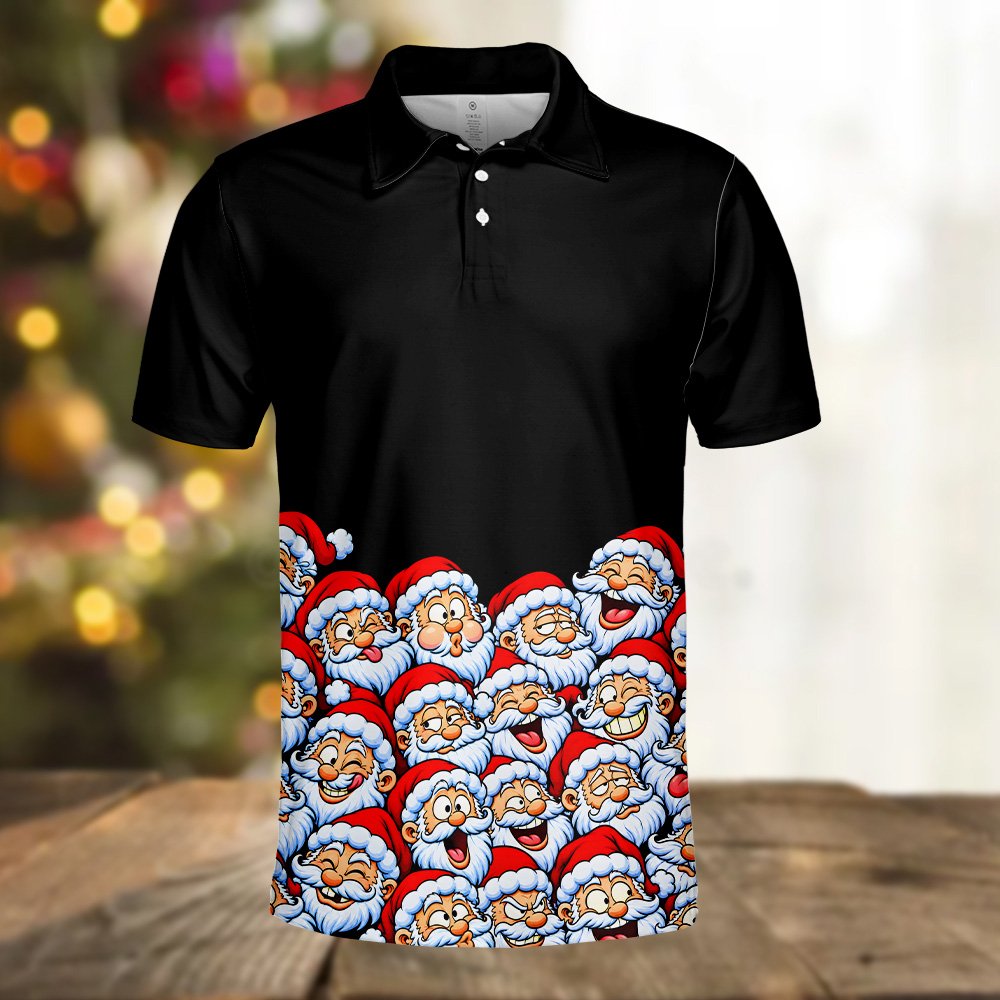 Front view of the black and multicolor holiday polo shirt