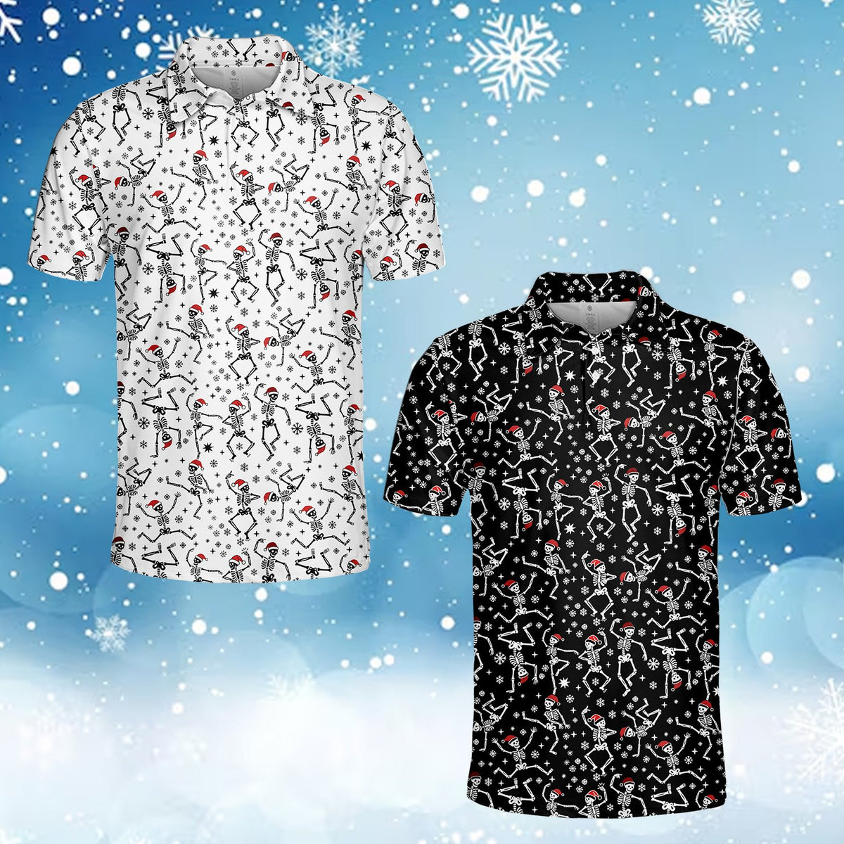 Front view of the white polo shirt with skeleton holiday print