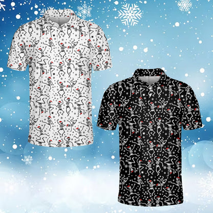 Mens christmas polo shirt with dancing skeletons and Santa hats