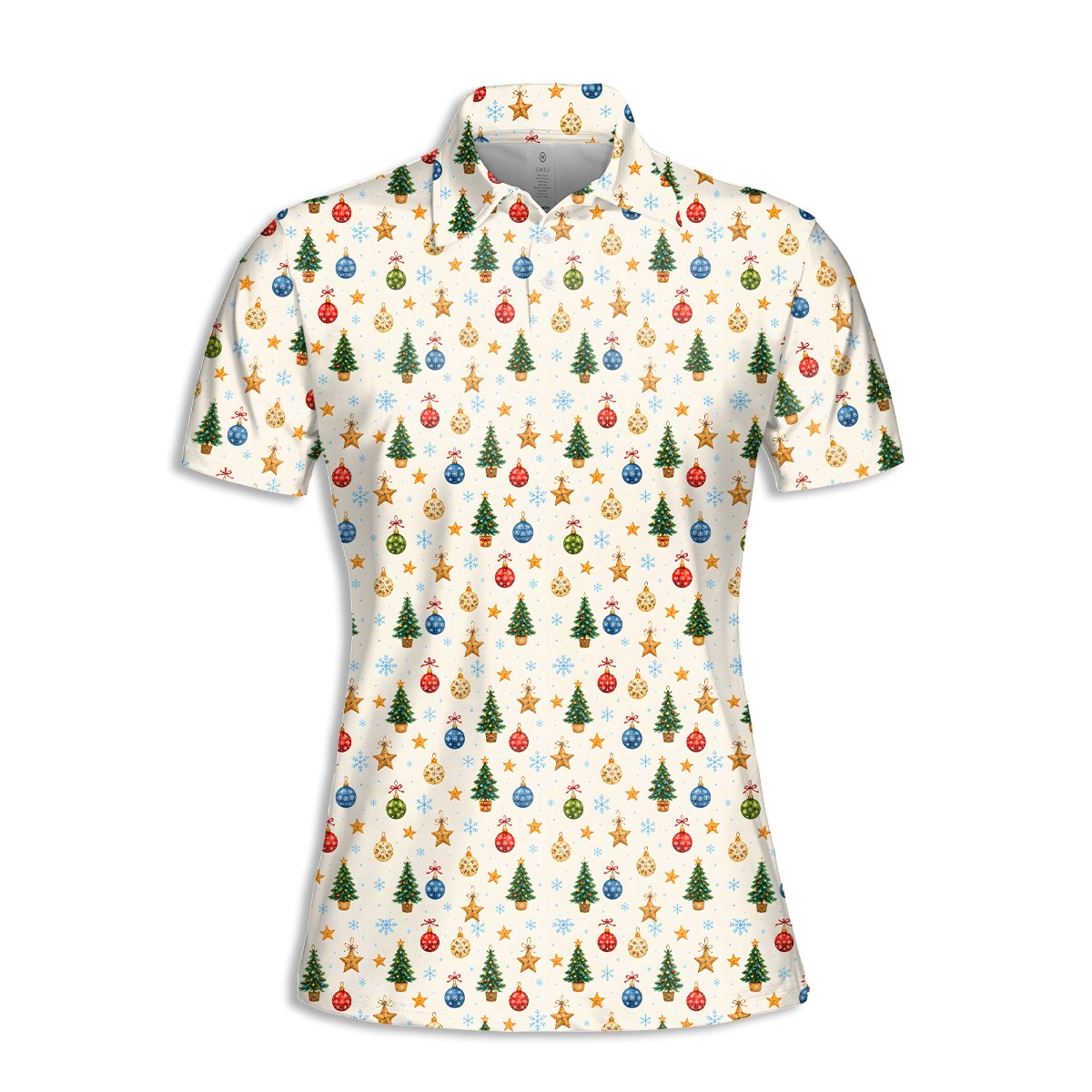 White christmas polo shirt featuring an all-over pattern of Christmas trees and ornaments, main view