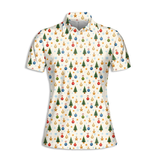 White christmas polo shirt featuring an all-over pattern of Christmas trees and ornaments, main view
