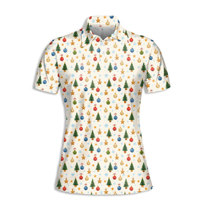 Front view of the white christmas polo shirt with holiday trees and stars pattern
