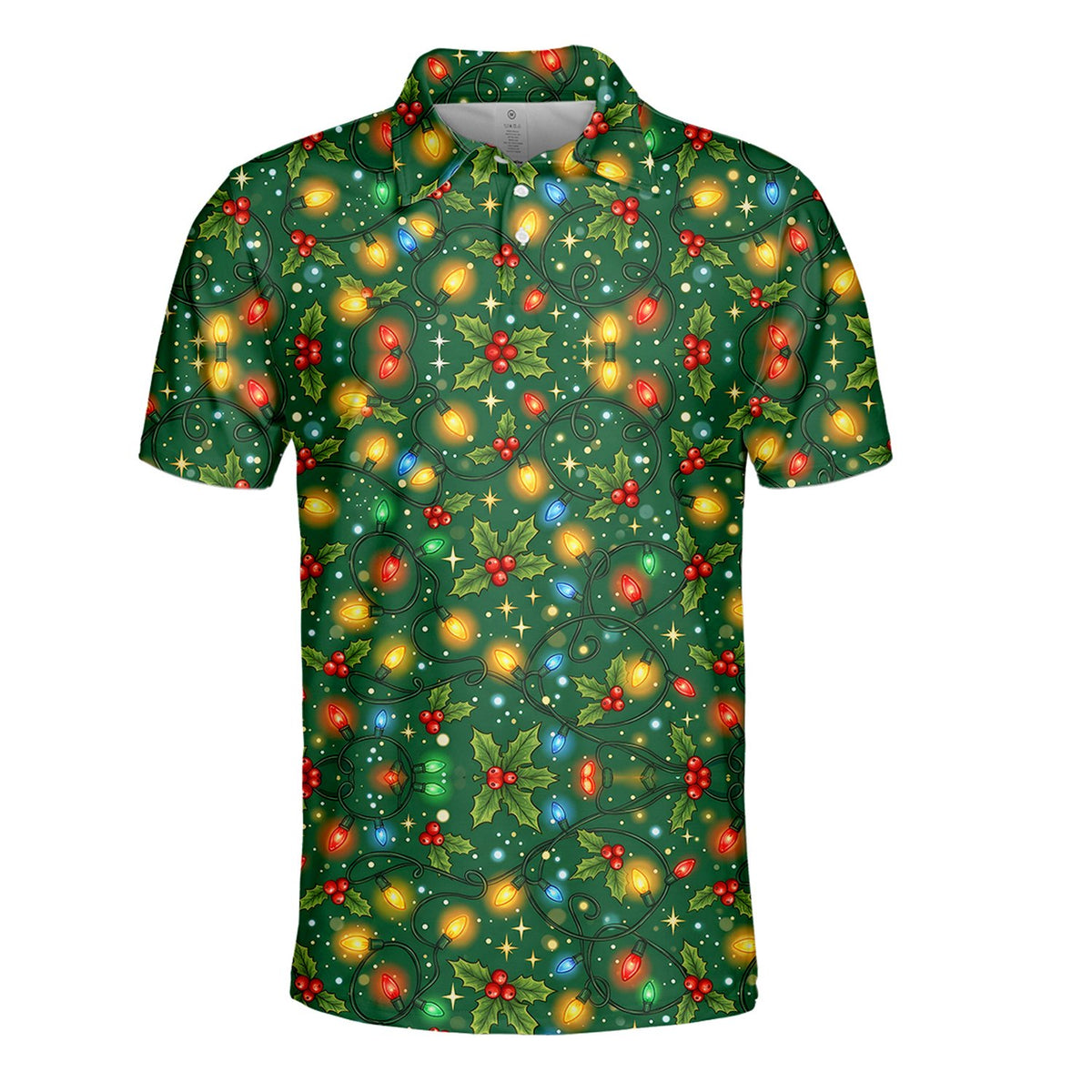 Christmas polo shirt with tangled lights and holly, front view