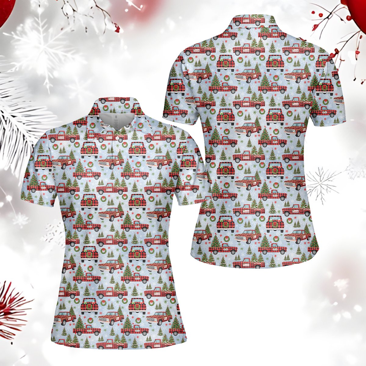 Front view of the blue christmas polo shirt with red truck pattern