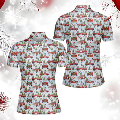 Front view of the blue christmas polo shirt with red truck pattern