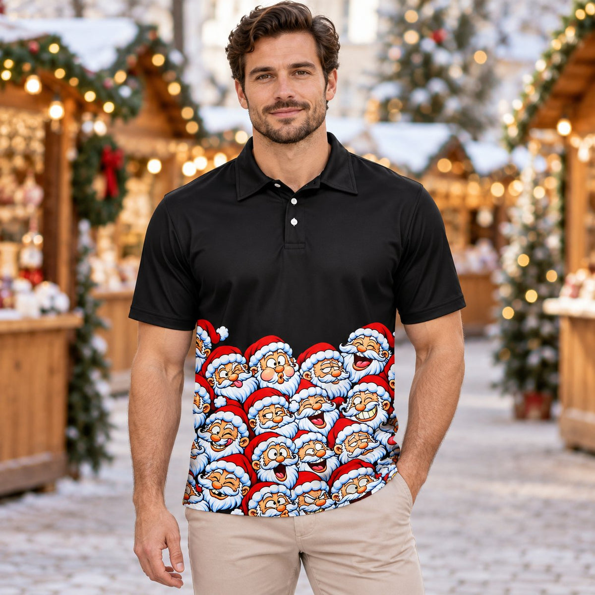 Second lifestyle view of the black holiday polo shirt