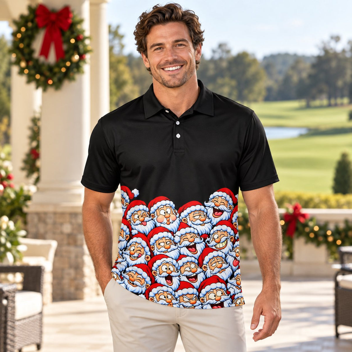Lifestyle image of someone wearing the Christmas polo shirt