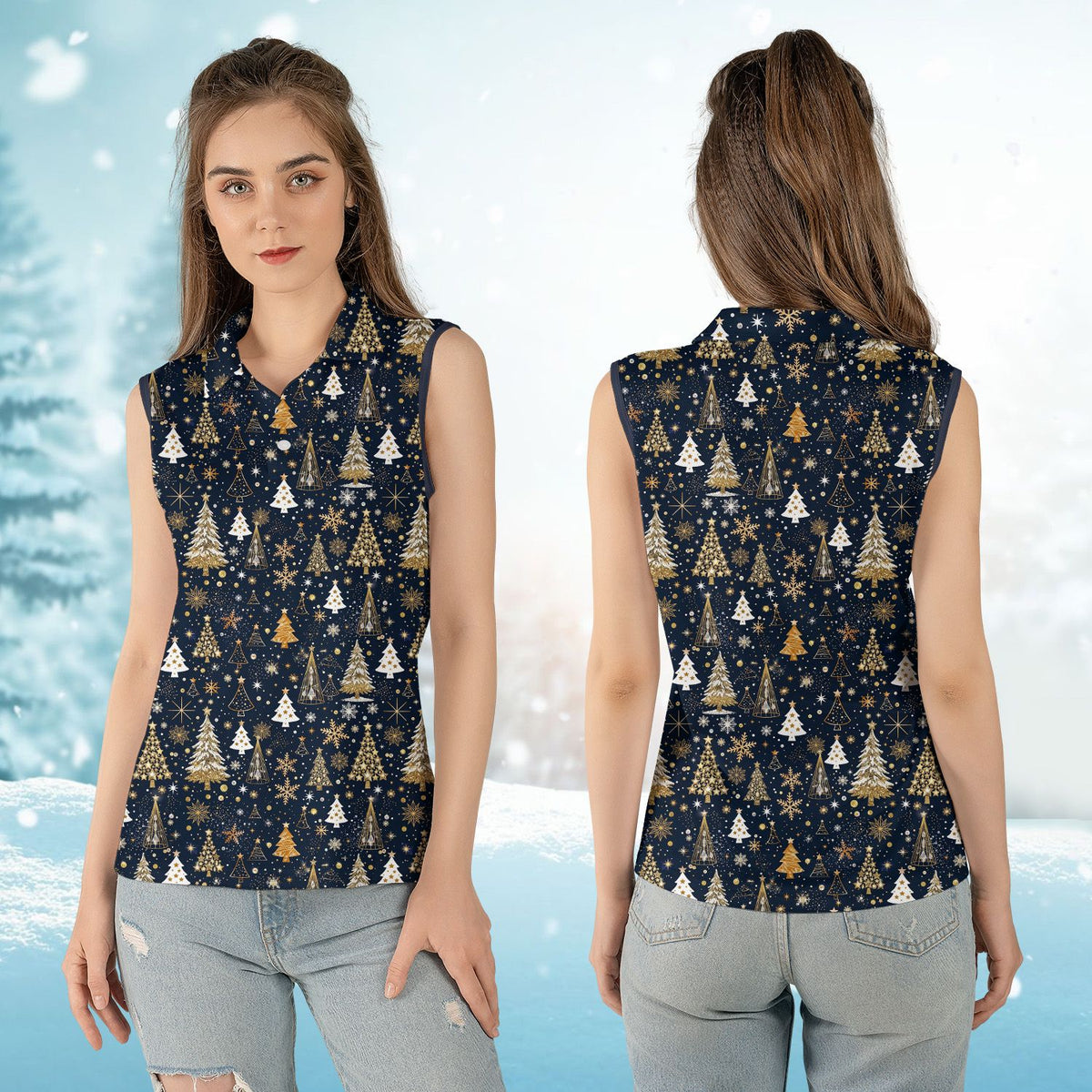 Lifestyle image of a person wearing the multicolor christmas polo shirt