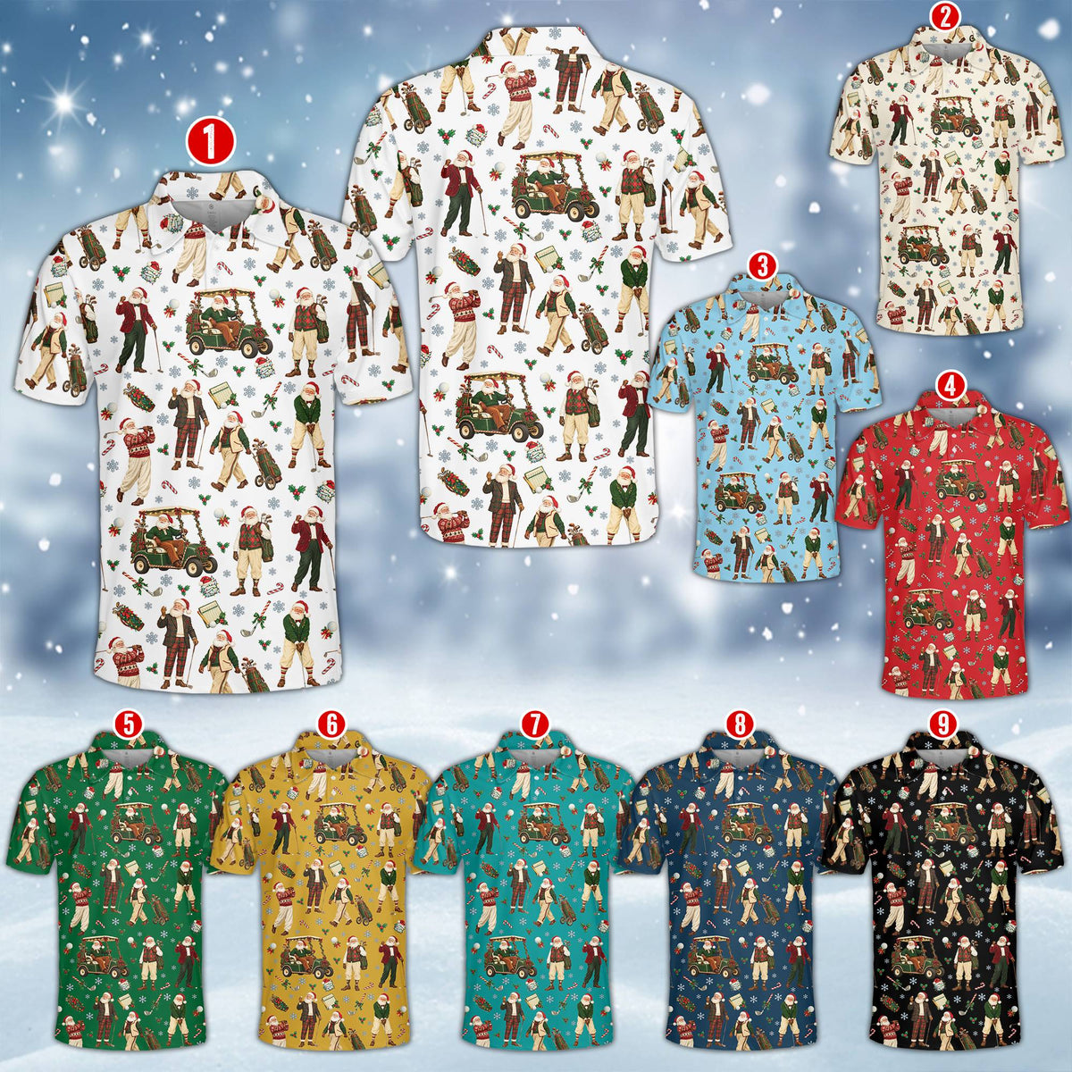 Alternative flat lay view of the black christmas polo shirt with multicolor holiday pattern