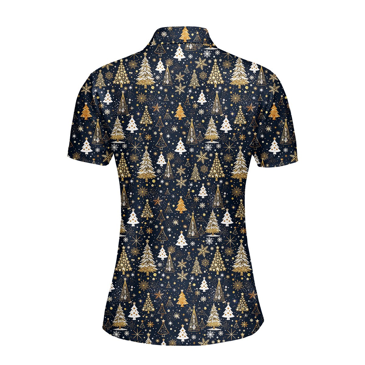 Back view of the navy mens polo christmas shirt with tree and snowflake pattern
