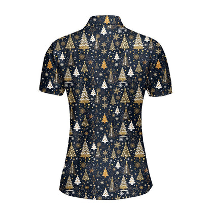Back view of the navy mens polo christmas shirt with tree and snowflake pattern