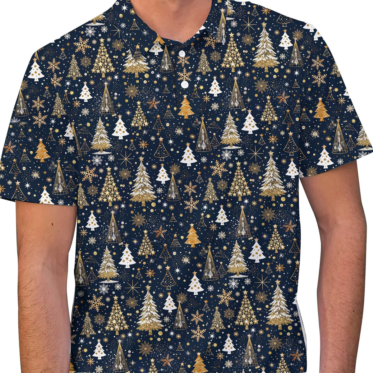 Another front view of the festive navy mens polo christmas shirt