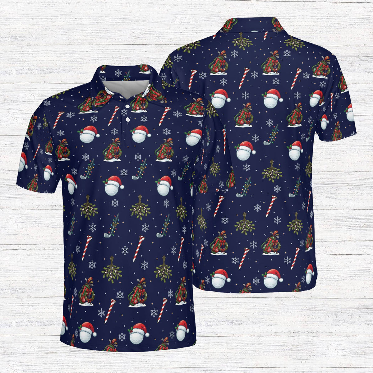 Front view of the navy blue golf holiday polo shirt