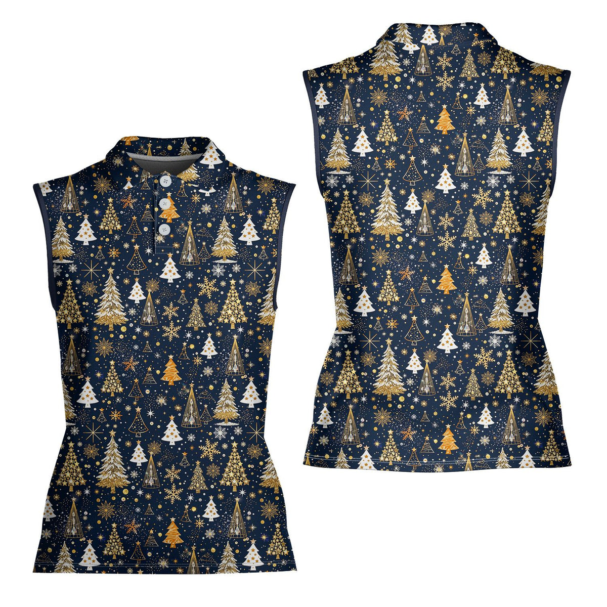 Mens polo christmas shirt with navy background and gold tree pattern, front view