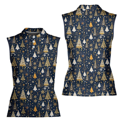 Mens polo christmas shirt with navy background and gold tree pattern, front view