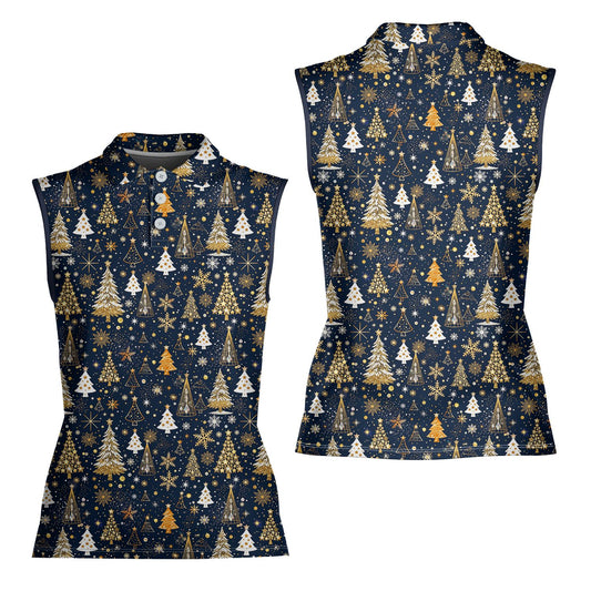 Mens polo christmas shirt with navy background and gold tree pattern, front view