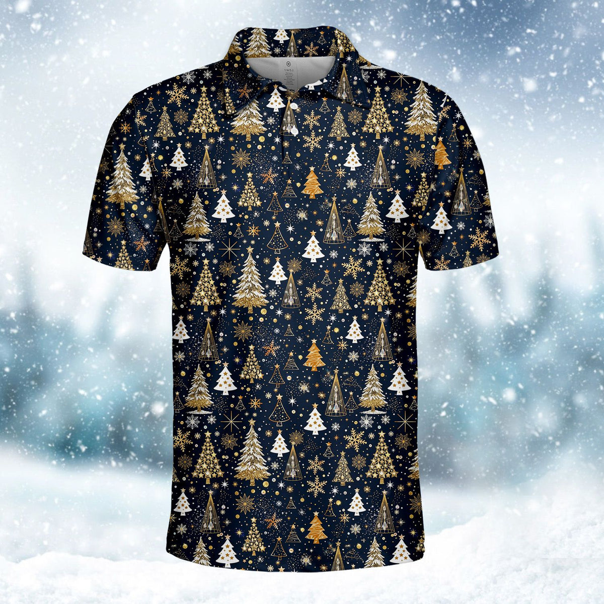 Lifestyle image showcasing the navy holiday polo shirt