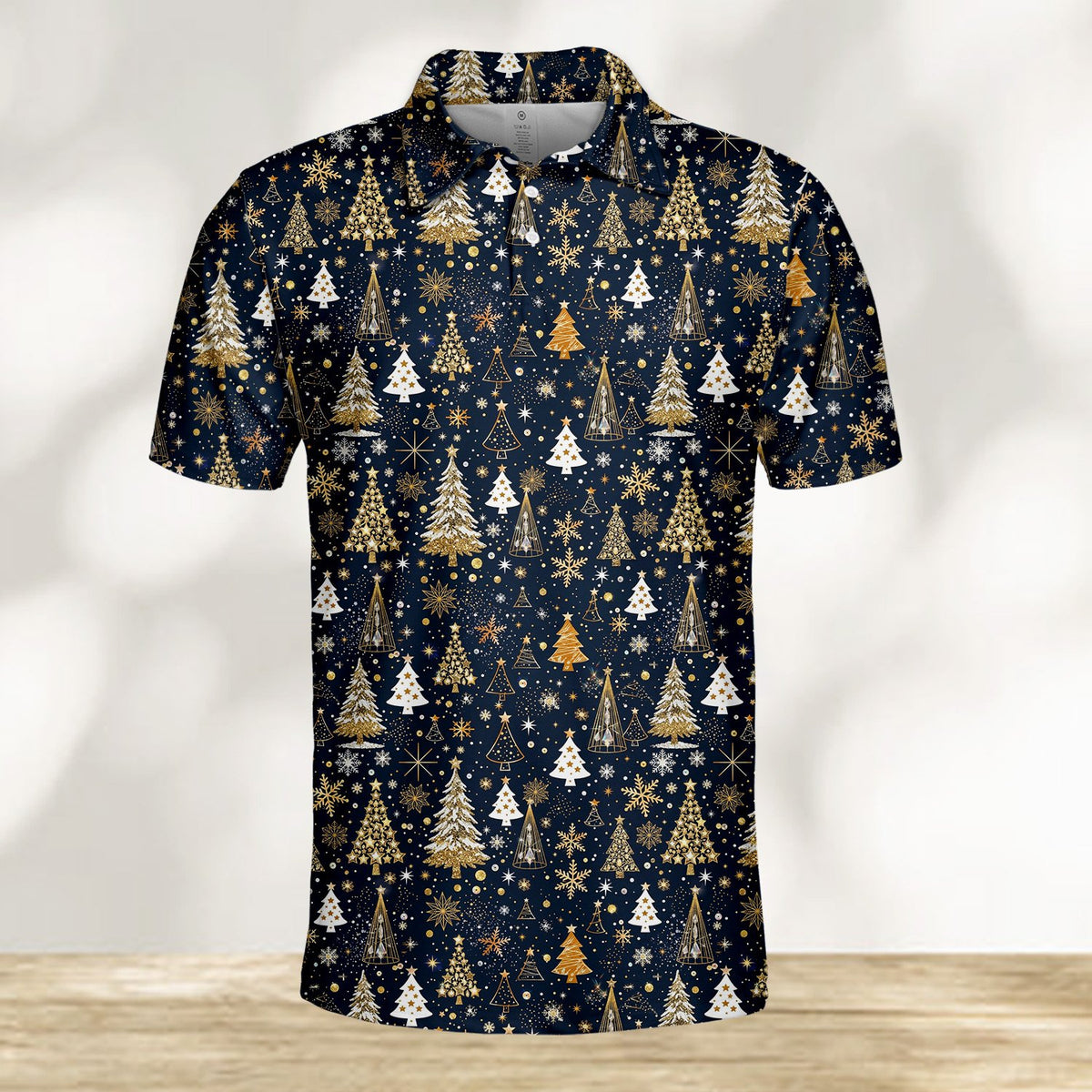 Another lifestyle shot of the navy mens polo christmas shirt outdoors